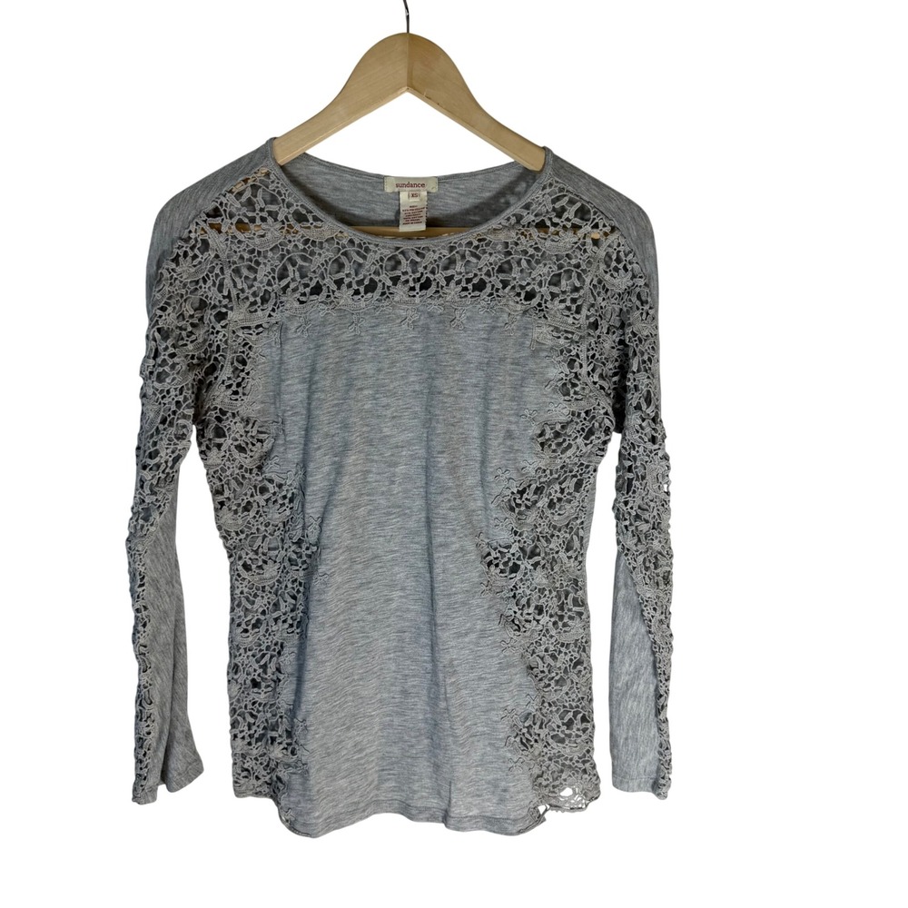 Sundance Womens Gray Crochet Lace Long Sleeve Top XS Boho Heathered Knit Tee